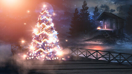 Night winter forest fantasy landscape with a Christmas decorated tree. Festive bokeh lights, dark forest, neon lights. Decorated Christmas tree in the night forest. Background for postcards. 3D 