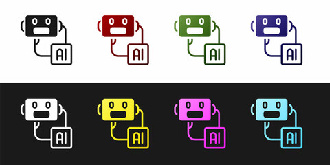 Set Artificial intelligence robot icon isolated on black and white background. Machine learning, cloud computing. Vector
