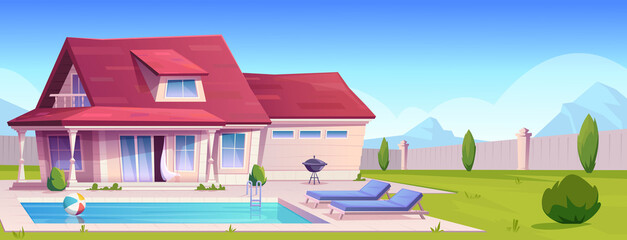 Suburban house, residential cottage, real estate countryside building exterior. Two storey dwelling place with pool