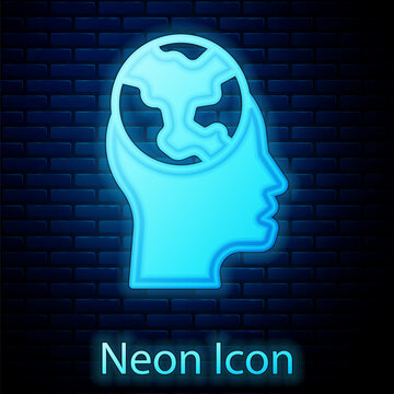 Glowing neon Learning foreign languages icon isolated on brick wall background. Translation, language interpreter and communication. Vector