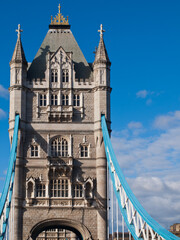 Fototapeta na wymiar London Tower Bridge over Thames river, detail of the towers