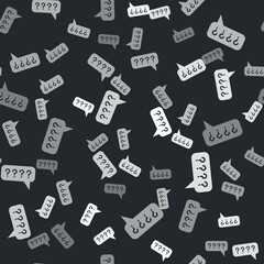 Grey Speech bubbles with Question icon isolated seamless pattern on black background. FAQ sign. Chat speech bubble and chart. Vector