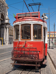 Touristic tram in downtown Lisbon Comercio Square
