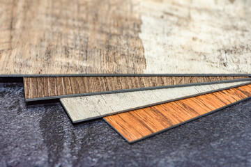 PVC resin vinyl sample, floor design choice with copy space. Easy installation of heated vinyl flooring.