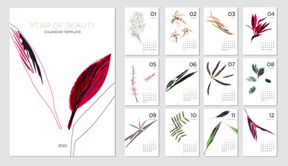 2022 calendar template on a botanical theme. Calendar design concept with abstract seasonal flowers and plants. Set of 12 months 2022 pages. Vector illustration