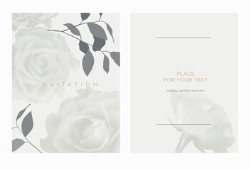 Wedding invitation in the botanical style. Roses on a white background. Template for the invitation, shop, beauty salon, spa. Vector illustration - 456590357