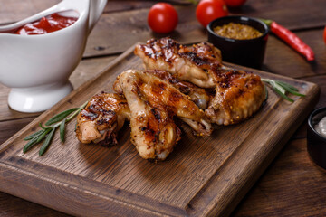 Grilled spicy chicken wings on a dark background with spices and herbs
