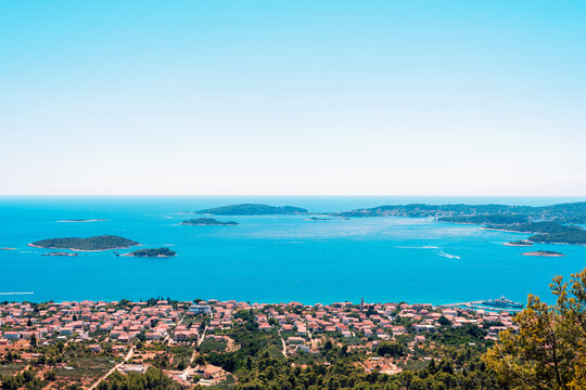 Aerial view of Orebic town and Korcula island, Adriatic sea, Croatia