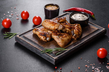 Grilled spicy chicken wings on a dark background with spices and herbs