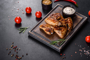 Grilled spicy chicken wings on a dark background with spices and herbs