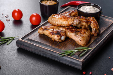 Grilled spicy chicken wings on a dark background with spices and herbs