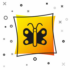 Black Butterfly icon isolated on white background. Yellow square button. Vector