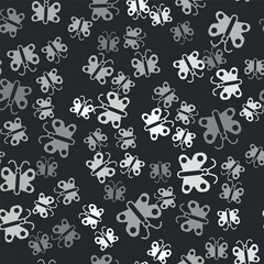 Grey Butterfly icon isolated seamless pattern on black background. Vector