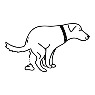 Dog pooping vector outline illustration isolated on white background