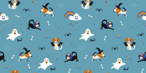 Halloween kids masquerade seamless pattern. Puppies in various party costumes and other characters like spider, cloud, rainbow, candy. Cartoon style vintage vector illustration.