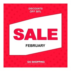 Bright retro design on a red background. Sale in February. A banner with an offer of purchases and discounted prices. Vector illustration