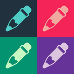 Pop art Pencil with eraser icon isolated on color background. Drawing and educational tools. School office symbol. Vector