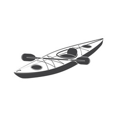 Vintage black kayak with paddle on white background. Vector illustration. Equipment for camping, kayaking, hiking, traveling. Retro kayak isolated on the white.