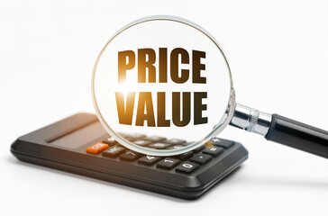 On the table is a calculator and a magnifying glass, inside which the inscription - Price Value