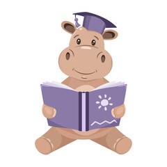 Cute hippo holds a book, reads, childrens vector illustration.