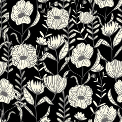 Hand drawn flowers with leaves, herbs, branches seamless repeat pattern. Vector botany plants all over surface print on black background.