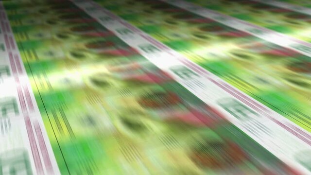 Swiss Franc money sheet printing. CHF banknotes loop print. Seamless and looped background concept of finance, economy crisis, inflation and business in Switzerland.