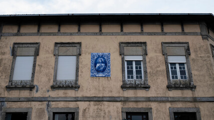 The facade of an old building in Vila do Conde, Porto district, Portugal.