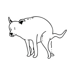 Dog pooping vector outline illustration isolated on white background