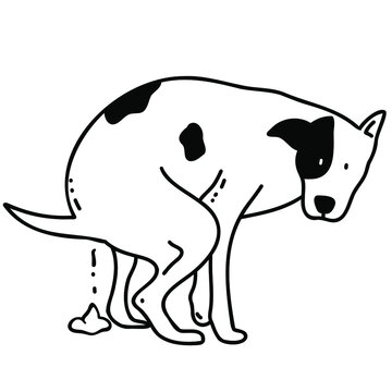 Dog pooping vector outline illustration isolated on white background