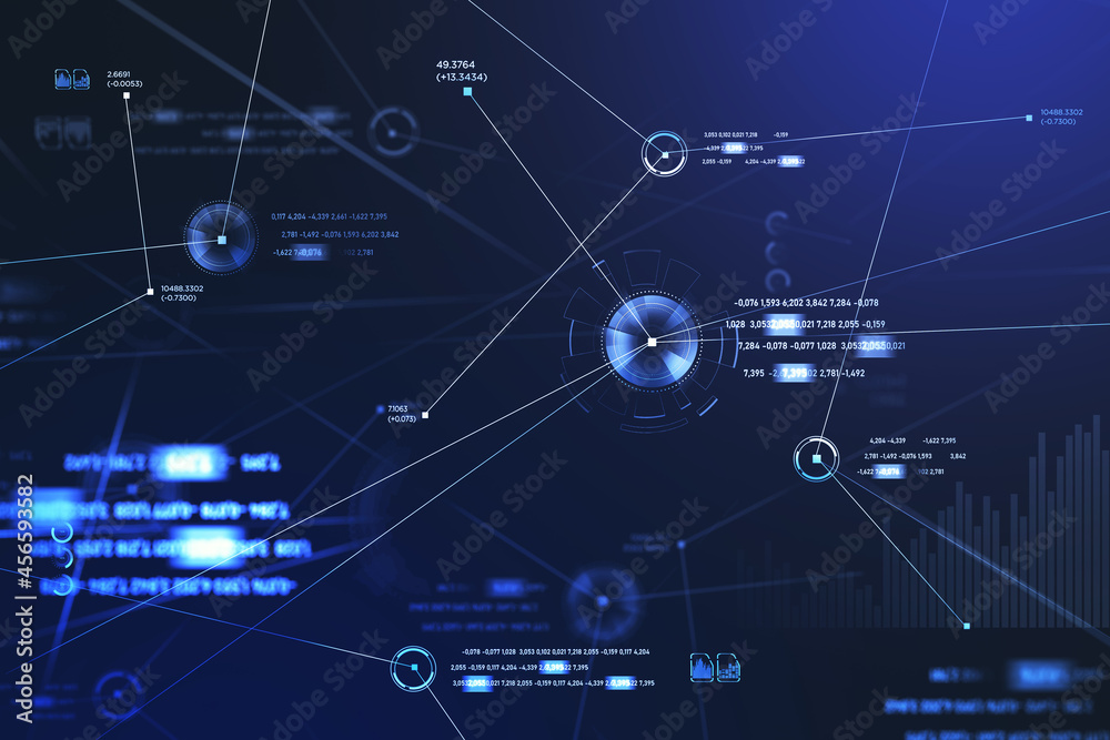 Poster digital interface with circle holograms connected with line