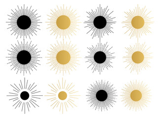 Various abstract sun. Set of boho sun icons. Golden gradient color. Wicca, alchemy, mystical, magic, celestial, esoteric, sacred, spiritual, occultism inspired concept. Hand drawn vector.