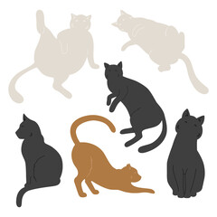 Set of cats silhouettes set in different poses. Various shapes. Vector hand drawn