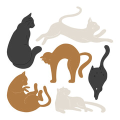 Set of cats silhouettes set in different poses. Various shapes. Vector hand drawn