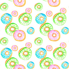 Watercolor paper, a seamless pattern of sweets. Donuts, cakes, sweets, muffins, Sweet desserts for cards, invitations, birthdays, cafes, menus and more.Donuts set on an isolated white background. 