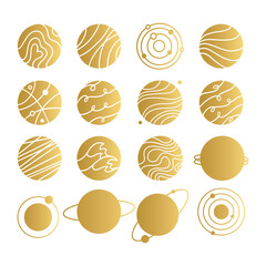 Set of gold planets flat icons. Logo, pictogram, sign, symbol of space. Universe, galaxy concept. Vector hand drawn stock illustration.	