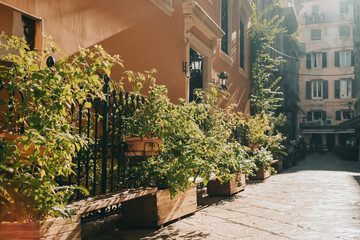 Fototapeta na wymiar Beautiful cozy street in old town of Italy or Greece. Historic european facades of buildings with bushes, flowers. Cityscape concept.
