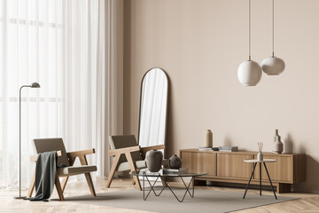 Modern beige living room area. Corner view.