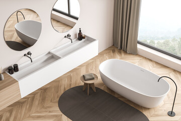 Modern beige panoramic bathroom with two round mirrors. Top view.