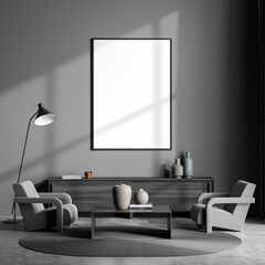 Dark grey seating area with two armchairs and canvas