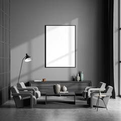 Dark grey seating area with four armchairs and canvas