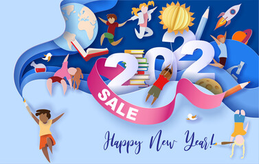 2022 New Year design card with kids on blue background.