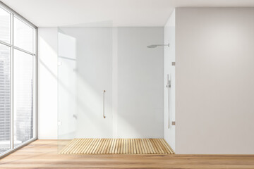 Side view on bright bathroom interior with shower