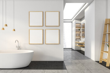 Fototapeta na wymiar Bright bathroom interior with bathtub, four empty white posters