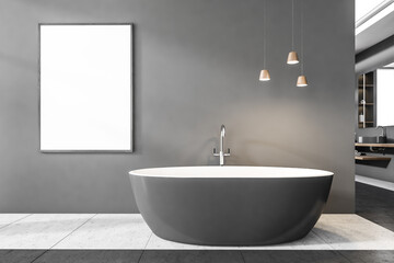 Naklejka na ściany i meble Close view on dark bathroom interior with bathtub, empty poster