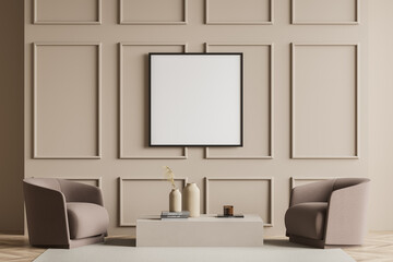Beige living room with empty canvas and two light brown armchairs