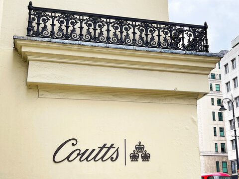 London, England - August 2021: Sign On The Outside Of A Branch Of Coutts Bank.