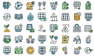 Solar panels icons set outline vector. Invertor solar energy. Panels battery system © ylivdesign