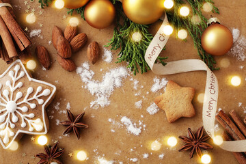Fototapeta na wymiar christmas cookies. baking of christmas cookies. decorative christmas gingerbreads and spices