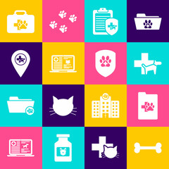 Set Dog bone, Clinical record pet, Veterinary clinic, , cat laptop and Location veterinary icon. Vector
