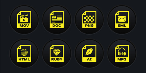 Set HTML file document, EML, RUBY, AI, PNG and DOC icon. Vector